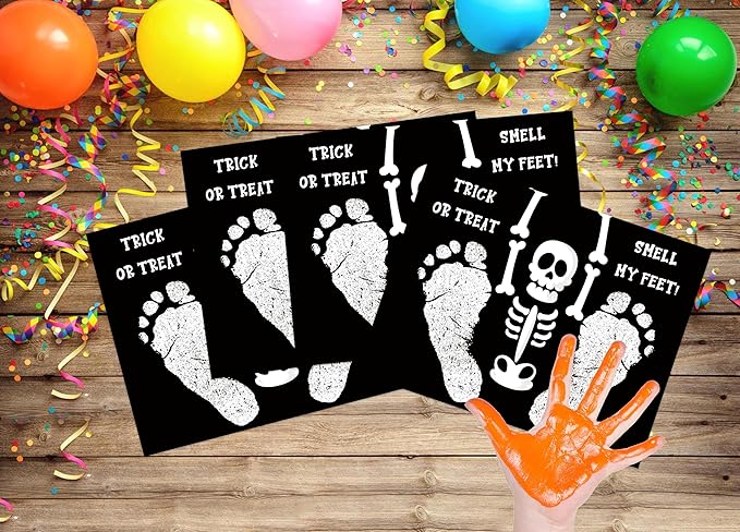Footprint Art Craft Kit for My First Halloween, 10 Bulk 8.5x11 Inch DIY Card Making Supplies for Baby Shower Activities, Trick or Treat Smell My Feet Halloween Skeleton Party Decorations