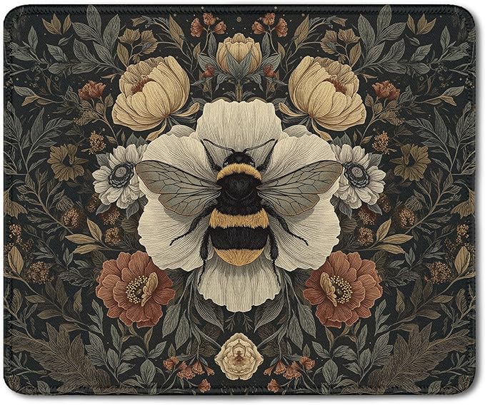Vintage Moody Floral Bee Mouse Pad, Dark Contemporary Botanical Bumblebee Mouse Pads for Desk Dorm Home Office Computers Laptop, 9.5x7.9 Inch,J091-YZ-SBD