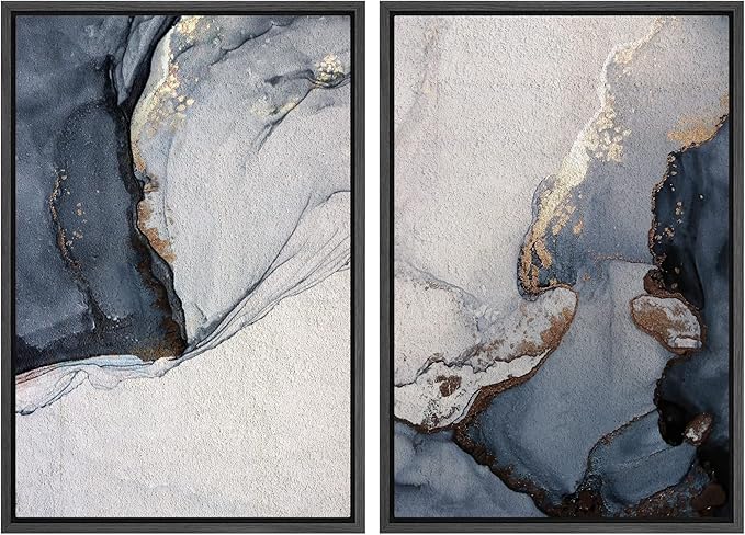 SIGNWIN Framed Canvas Print Wall Art Set Pastel Watercolor Blue Smoke Waves Abstract Shapes Illustration Modern Art Minimalism Decorative Nordic for Living Room, Bedroom, Office - 16"x24"x2 Black