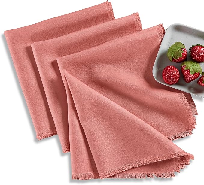 Solino Home Dusty Rose Linen Napkins Set of 4-100% Pure Linen Fringe Dinner Napkins 20 x 20 Inch for Valentines, Spring, Easter
