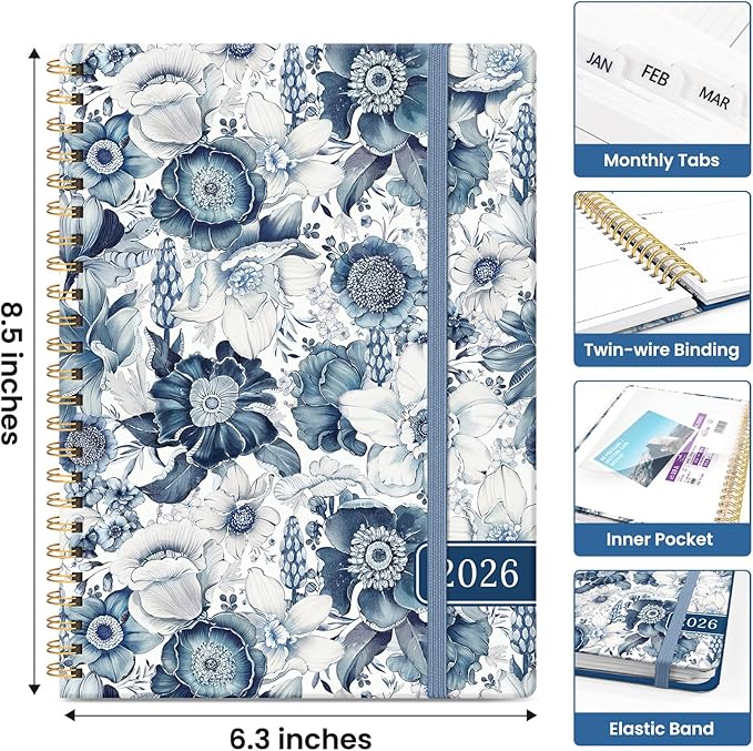 2026 Planner, Monthly and Weekly Calendar Planner for Women, Jan 2026 - Dec 2026, Hardcover Pretty 2026 Agenda Planner Book with Tabs, Spiral Bound, Perfect for School Office Home Supplies, 6.3" x 8.5" - Blue Floral