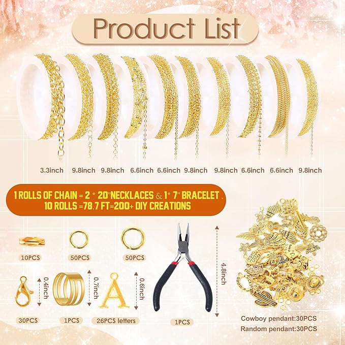 Meneng Necklace Jewelry Making Kit: 10 Rolls 78.7 Feet 18K Gold Plated Chains for DIY Western Necklace Bracelet - Jewelry Making Supplies for Beginners
