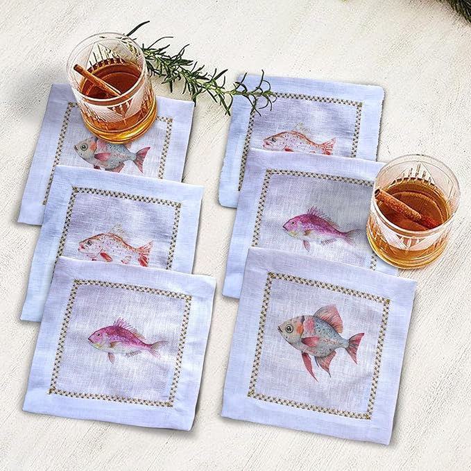 Cocktail Napkins Set of 6, 6x6 inch, 100% Linen, Printed Animal Pattern, Reusable & Washable Cloth Coasters for Beverages, Hosting, Gifting & Everyday Use (Pink Fish)