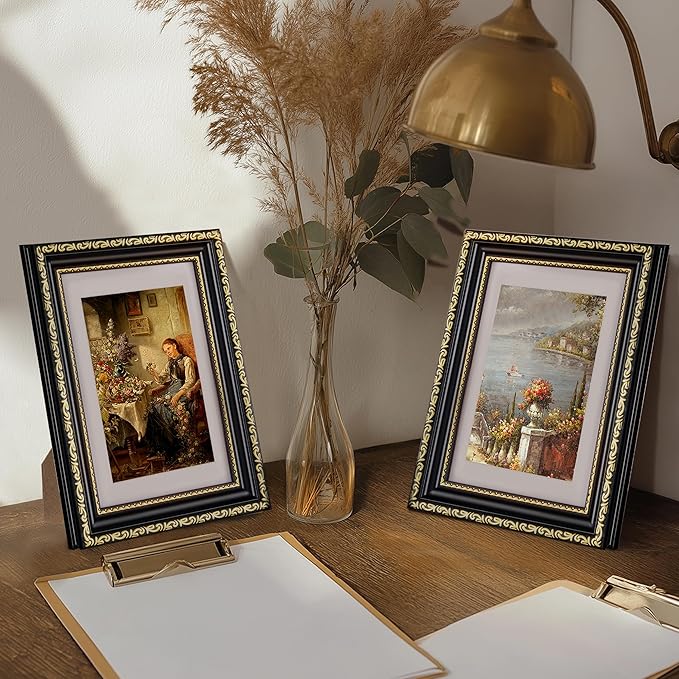 eletecpro 5x7 Picture Frames Set of 4, 5 x 7 Vintage Photo Frames with Glass, Displays 4x6 Photo with Mat or 5x7 without Mat for Tabletop or Wall Decor, Black Gold
