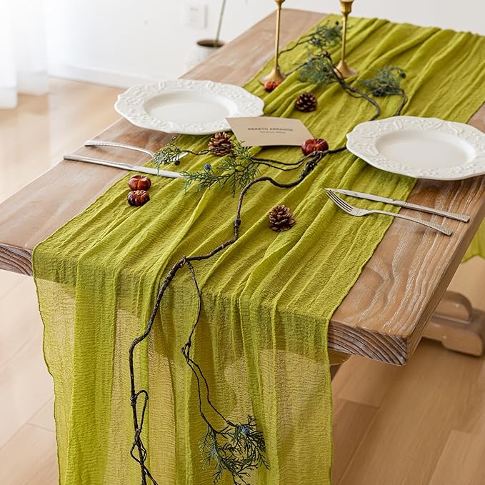 Keketoarrange 3pcs Moss Green Cheesecloth Table Runner Gauze 120 Inch 10 FT Rustic Boho Cheese Cloth Runner for Wedding Baby Shower Bridal Shower Birthday Party Long Sheer Home Decorations