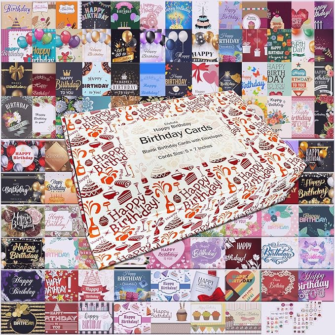 Happy Birthday Cards, 104 Birthday Card Bulk with Envelopes - Blank Inside, 5 x 7 inches Assorted Birthday Greeting Cards in Box
