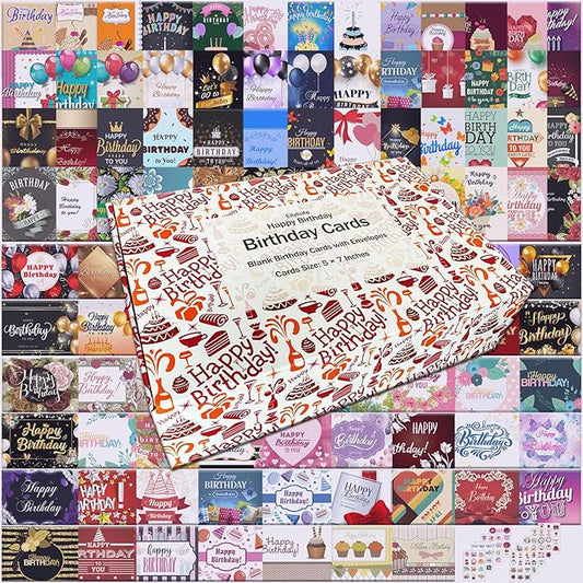 Happy Birthday Cards, 104 Birthday Card Bulk with Envelopes - Blank Inside, 5 x 7 inches Assorted Birthday Greeting Cards in Box