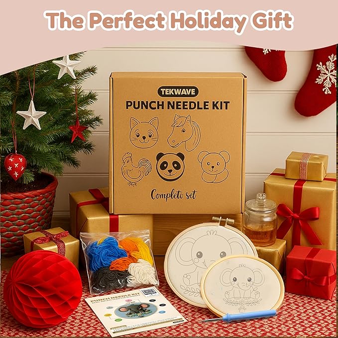 TEKWAVE Punch Needle Kit for Adults Beginners Little Elephant Design, Step-by-Step Video Pre-Printed Pattern and Written Instructions, DIY Embroidery Set with Yarn, Fabric, Hoop for Home Decor Crafts