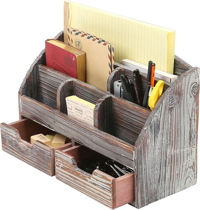MyGift Torched Wood Desktop Organizer - Includes 6 Compartments and 2 Pullout Drawers to Organize Office Supplies and Accessories