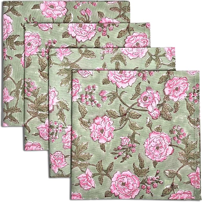 CPC Cloth Napkins 100% Cotton Set of 4 Reusable Napkins, Indian Block Print Toile Floral Dinner Napkin, Fall Thanksgiving Christmas Holiday Party Gift - Soft Absorbent Napkin, 18"x18" Pink Tourmaline