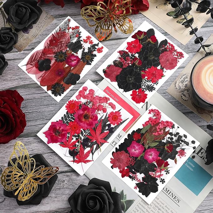 Nuanchu Black Red Dried Pressed Flowers for Crafts Christmas Dried Flowers Real Natural Pressed Wildflowers with Tweezer for Resin Mold Scrapbooking Nail Soap Candle Card Making Cake DIY Art Jewelry