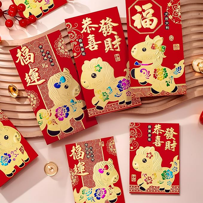 36pcs Red Envelopes Chinese New Year, Chinese Traditional Lucky Money Hong Bao Red Envelope Pockets for 2026 Spring Festival, Lunar New Year, 6 Cartoon Horse Designs,L