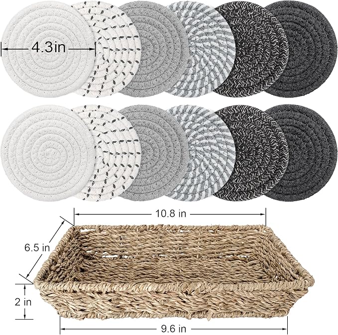12 Pcs Handmade Woven Coasters for Drinks, Absorbent and Insulating Cotton Coasters with Seagrass Basket Holder set, Boho Perfect for Coffee Table and Home Decor