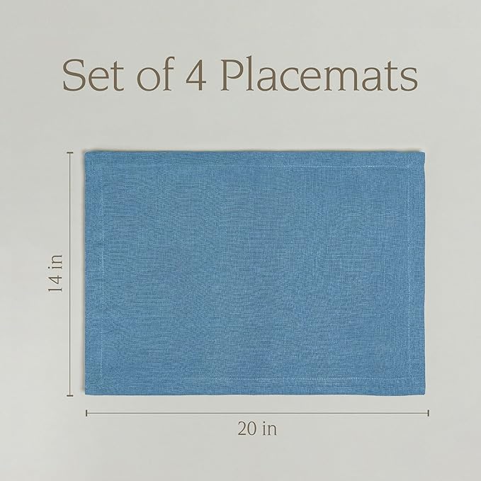 Over&Back Set of 4 Washed 100%-Linen Woven Placemats - Colorful Dining Table Mat - Machine Washable - Kitchen and Home Decor - Blue
