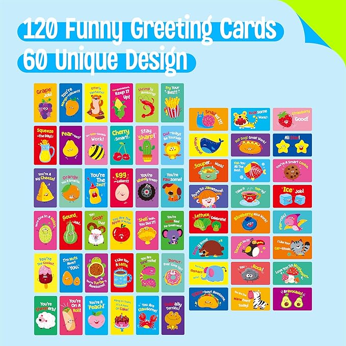 120 Motivational Cards, 60 Designs Pun Incentive Flashcards Encouragement Note Cards-Blank Side, Small Mini Funny Inspirational Affirmation Greeting Card for Kids, Students, Teachers, Parents