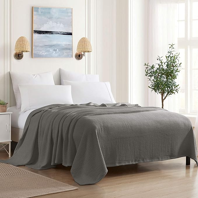 100% Fine Cotton Luxurious Basket Weave Blanket, Dark Gray, Queen Size (Pack of 6)