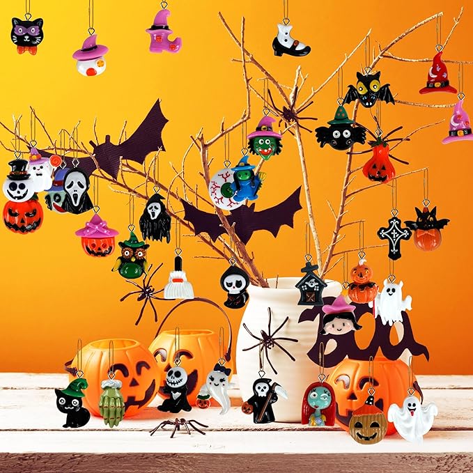 40Pcs Halloween Hanging Ornaments, Tiny Resin Charm Pendants Miniatures Figurines with Golden String for Mini Halloween Tree Decorations Holiday Party Decor