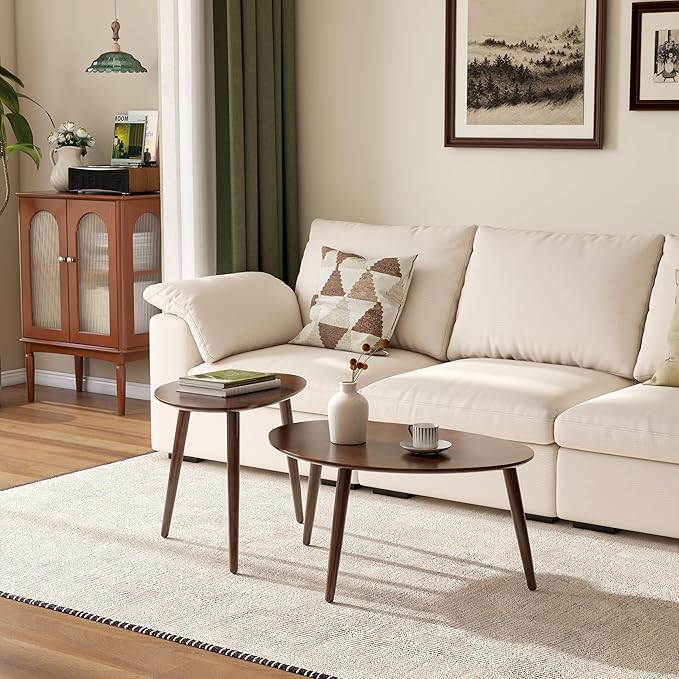 Wayshome Small Oval Coffee Table, Mid Century Modern Coffee Table for Living Room, 100% Solid Oak Wood Side Table End Tables for Home (Walnut Wood Color, 33.46''x22.83''x15.74'')