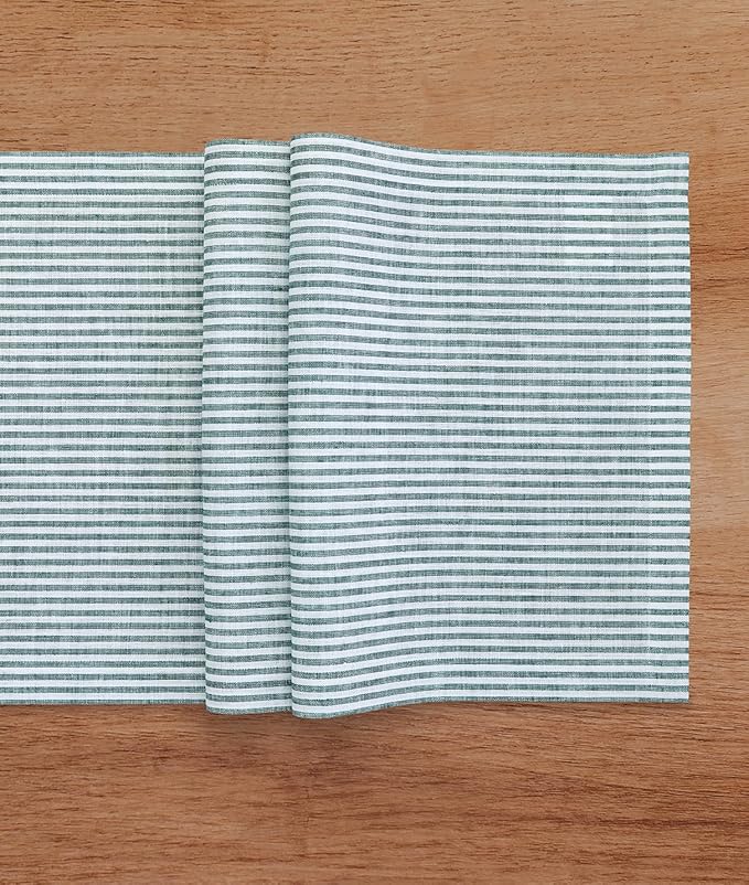 Solino Home Linen Table Runner 48 Inches - Narrow Stripe 100% Pure Linen Rainforest and White Farmhouse Table Runner 14 x 48 Inch Ideal for Dresser and Coffee Tables - St Patricks Day