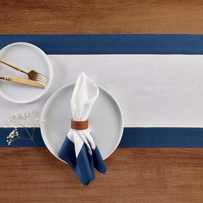 Solino Home Linen Table Runner 72 Inches Long - Indigo Blue and White 100% Pure Linen 14 x 72 Inch Table Runner for Dining, Winter - Contempo