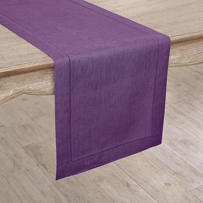 Solino Home Linen Purple Table Runner 132 Inches Long - 100% Pure Linen Extra Long Table Runner 14 x 132 Inch for Valentines, Spring, Easter - Classic Hemstitch