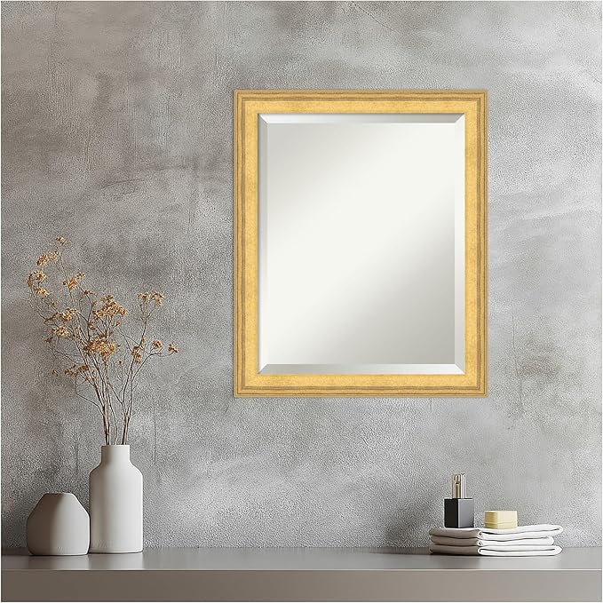 Amanti Art Gold Wall Mirror 23x19 Owen Gold Rectangle Bathroom Mirror for Wall Decor Living Room, Small Traditional Wood Frame, Hangs Horizonally and Vertically, Bathroom Decor, Beveled Edge