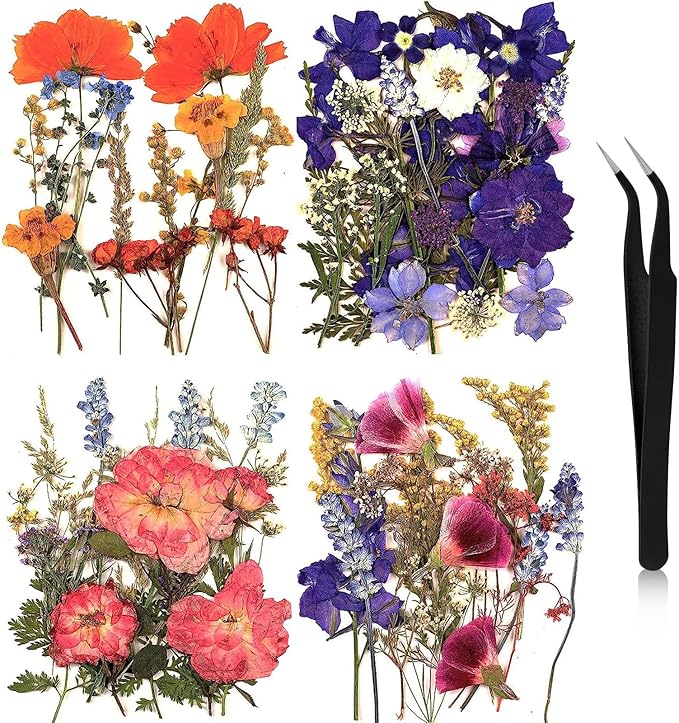 Nuanchu Dried Flower for Crafts Resin Pressed Flowers Bulk Dried Wildflowers Leave Natural with Tweezer for Resin Mold Scrapbooking Nail Soap Candle Making Cake Decorating DIY Christmas Craft Supplies
