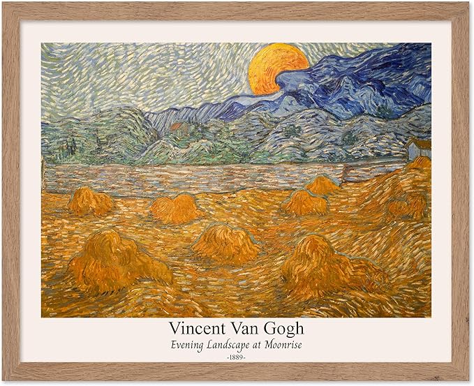 Monem Art Vintage Van Gogh Poster - Retro Evening Landscape at Moonrise Print - Impressionism Art - Fine Art - Classic Painting Art - Aesthetic Living Room Wall Decor - 16x20 Beige Framed