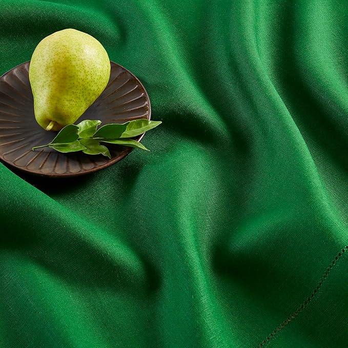 Solino Home Linen Garden Green Table Runner 108 Inches Long - 100% Pure Linen Hemstitch 14 x 108 Inch Table Runner for Dining, Winter, St Patricks Day, Easter - Classic Hemstitch