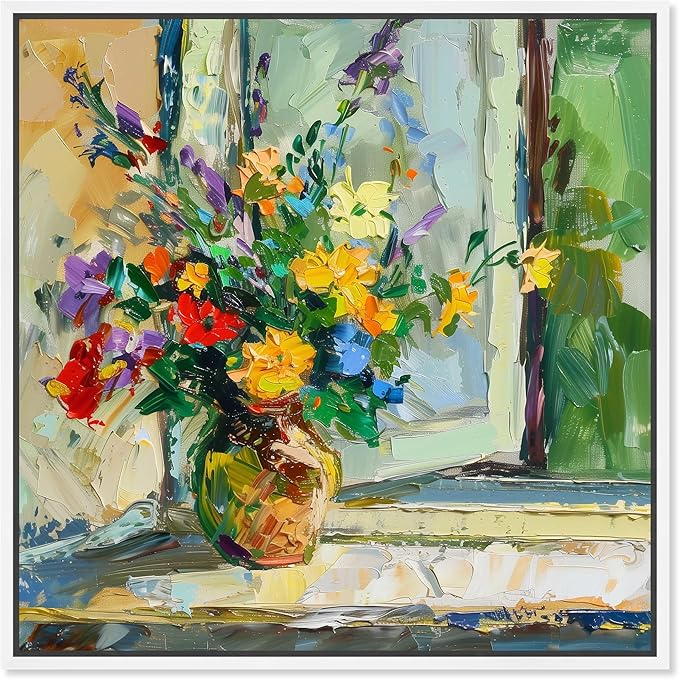 Art Remedy Vase By The Window Framed Impressionism 1 Piece Canvas Wall Art/Monet And Van Gogh Inspired Art, 21" x 21", White Frame