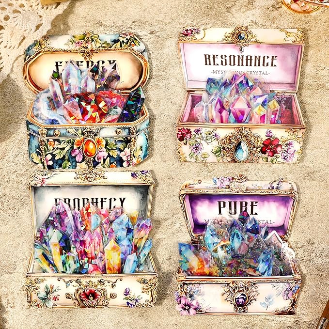160-Piece Holographic Glitter Fantasy Crystal & Gemstone Sticker Pack – Waterproof Transparent Colorful Watercolor Crystals, Mystical Gems Stickers for Scrapbooking, Journals, Resin Art Supplies