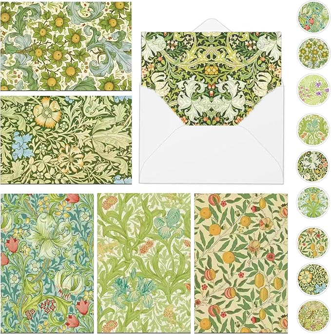 24 Pack William Morris Greeting Cards with Envelopes & Stickers - 6 Vintage Floral Leaves Retro Botanical Styles Blank Note Cards for Wedding, Birthday Greetings, Baby Shower, Thank You & More