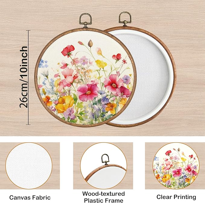 KSDUT Spring Floral Botanical Wall Decor Art - Colorful Flower Wall Art Canvas Frame Hanging Prints, Preppy Trendy Wildflower Round Wall Art Decor for Farmhouse Gallery Home Decorations 10"x10"