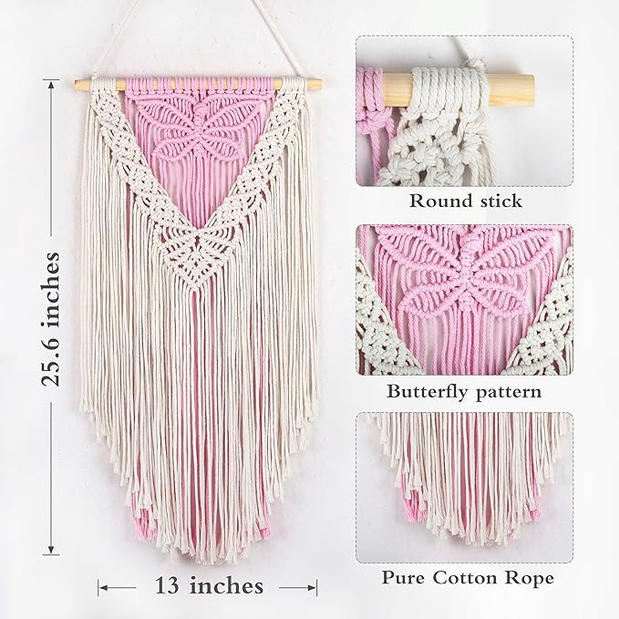 LB Macrame Wall Hanging, Pink Butterfly Tapestry Wall Hanging Decor Boho Art Wall Decor Bohemian Handmade Yarn Macrame Wall Art for Living Room Apartment Office Backdrop,13" W x 25.6" L