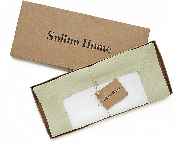 Solino Home Linen Table Runner 72 Inches Long - Sage Green and White 100% Pure Linen 14 x 72 Inch Table Runner for Dining, Spring, Easter, St Patricks Day - Contempo