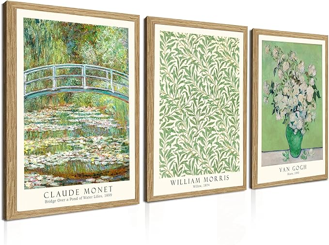 Induslyfe Framed Grass Wall Art Canvas Decor Set of 3, Matisse Wall Art Framed Prints Posters Mid Century Modern Art, Gogh Morris Floral Botanical wall art living room, bathroom, bedroom 12x16