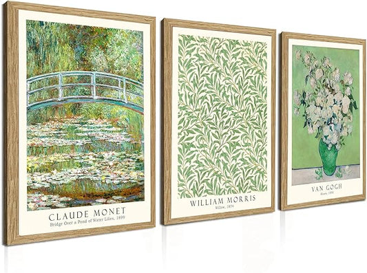 Induslyfe Framed Grass Wall Art Canvas Decor Set of 3, Matisse Wall Art Framed Prints Posters Mid Century Modern Art, Gogh Morris Floral Botanical wall art living room, bathroom, bedroom 12x16