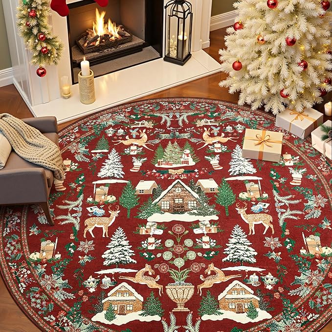jinchan Round Christmas Rug for Dining Room 7ft Maroon Circle Holiday for Living Room Printed Christmas Tree and Cabin Rug 7' Soft Indoor Carpet for Bedroom Washable Non-Slip Winter Xmas Decor