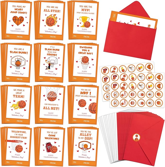TICIAGA 144pcs Valentine’s Day Basketball Greeting Cards with Envelop and Stickers for Kids, 4 x 6 IN Sport Theme Exchange Gift Cards for Boys and Girls School Classroom Supplies, Valentines Party Favors