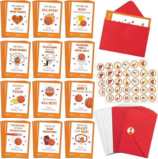 TICIAGA 144pcs Valentine’s Day Basketball Greeting Cards with Envelop and Stickers for Kids, 4 x 6 IN Sport Theme Exchange Gift Cards for Boys and Girls School Classroom Supplies, Valentines Party Favors