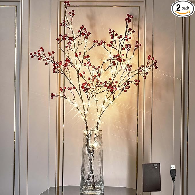 Hairui Red Berry Branches with Lights 32IN Battery Operated and USB Plug in, Lighted Willow Branches with Timer 80 LED Fairy Lights for Home Christmas Decoration Inside