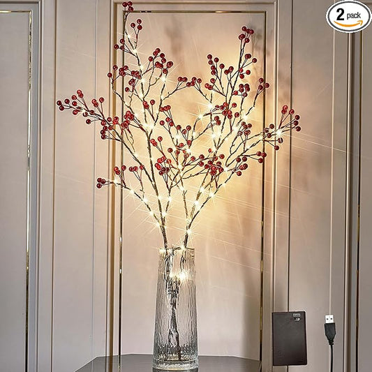 Hairui Red Berry Branches with Lights 32IN Battery Operated and USB Plug in, Lighted Willow Branches with Timer 80 LED Fairy Lights for Home Christmas Decoration Inside