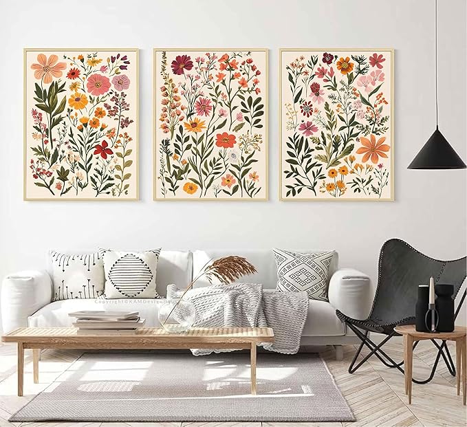 ELESFEK 3Pcs Colorful Wildflower Wall Art Boho Floral Canvas Posters Botanical Prints Flowers Painting Wildflower Nursery Pictures Wall Decor for Living Room Bedroom Unframed