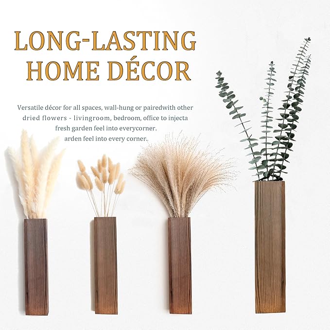 Wall Vase Set of 4 – Wooden Hanging Vases with Pampas Grass & Eucalyptus Dried Flowers – Modern Farmhouse Home Decor for Living Room, Entryway, Bathroom, Hallway & Dining Room