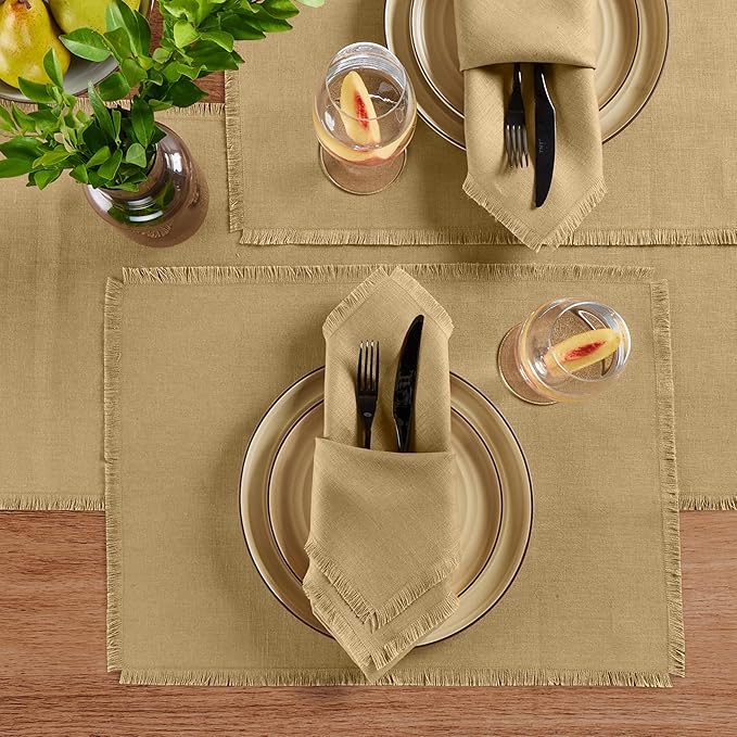 Solino Home Fringe Linen Placemats Set of 4 - 14 x 19 Inch Placemats Kelp - 100% Pure Linen Table Mats for Spring - Handcrafted and Machine Washable