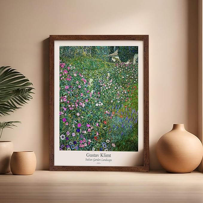 Poster Master Vintage Gustav Klimt Poster - Retro Italian Garden Landscape Print - Art Nouveau - Floral Art - Botanical Art - Classic Painting - Aesthetic Living Room Decor - 16x20 Brown Framed