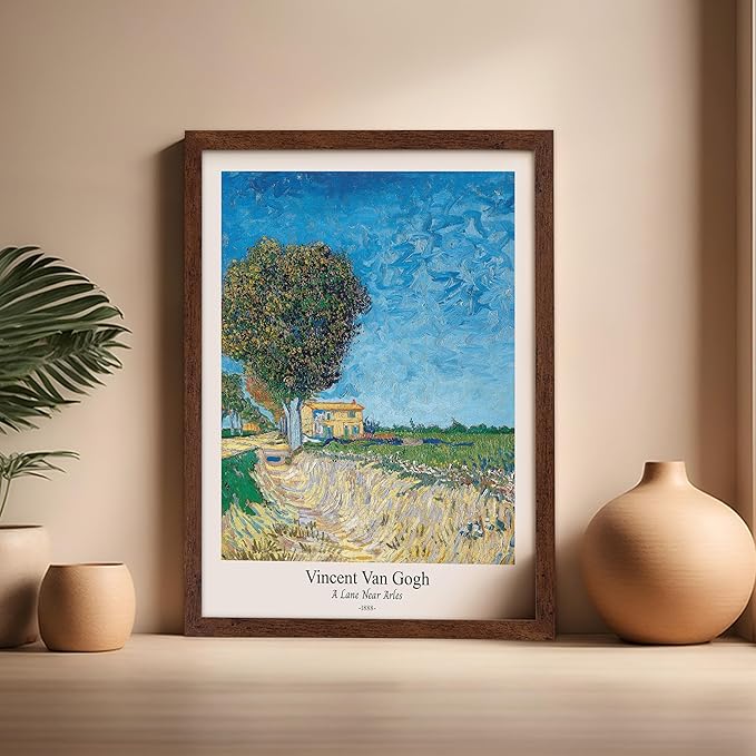 Monem Art Vintage Van Gogh Poster - Retro A Lane near Arles Print - Impressionism Art - Fine Art - Classic Painting Art - Landscape Art - Great Bedroom or Office Decor - 16x20 Brown Framed