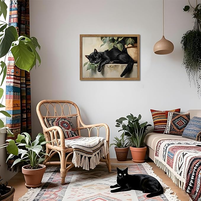 Framed Black Cat Wall Art, Vintage Sleeping Cat Picture Wall Decor, Cute Animal Poster Canvas Prints, Rustic Plant Paintings Artwork for Living room Bedroom Bathroom Decor – 12x16 inch