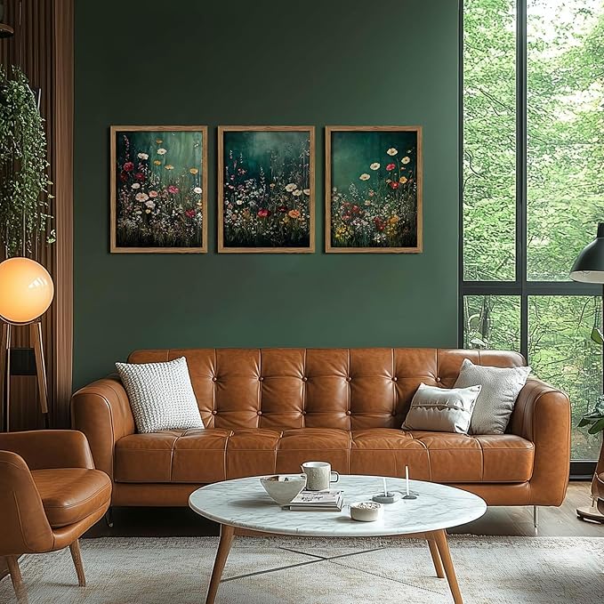 Vintage Wildflower Wall Art Set of 3, Moody Dark Green Flower Botanical Wall Decor Paintings,Nature Floral Farmhouse Landscape Posters Prints Pictures for Living Room Bedroom 16x24 Inch Wood Framed