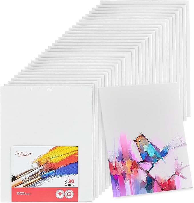 Artlicious Canvases for Painting - Pack of 30, 8 x 10 Inch Blank White Canvas Boards - 100% Cotton Art Panels for Oil, Acrylic & Watercolor Paint